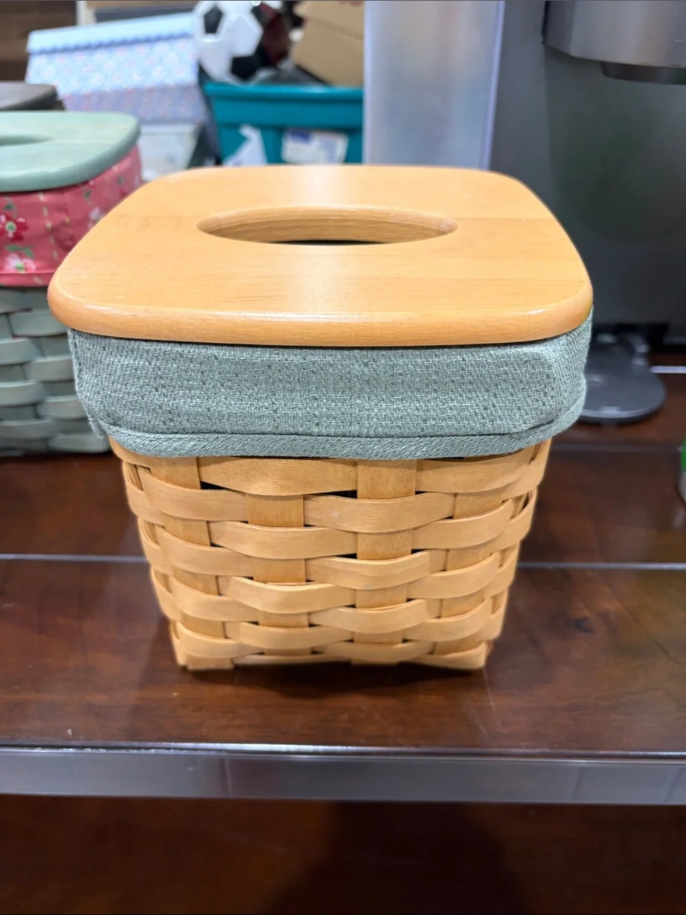 Longaberger Woven Wood Tissue Box Cover with Sage Trim and Natural Lid